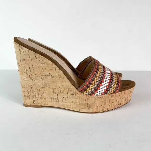 Veronica Beard NWOB Women's Dali Multi Woven Cork Wedge Multi Brown Sandals 9