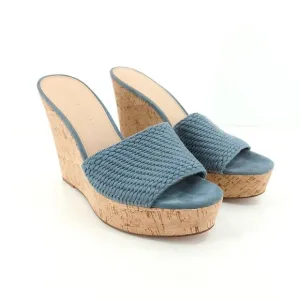 Veronica Beard Women 9.5 Dali Wedge Sandals Jean Blue Woven Platform Cork