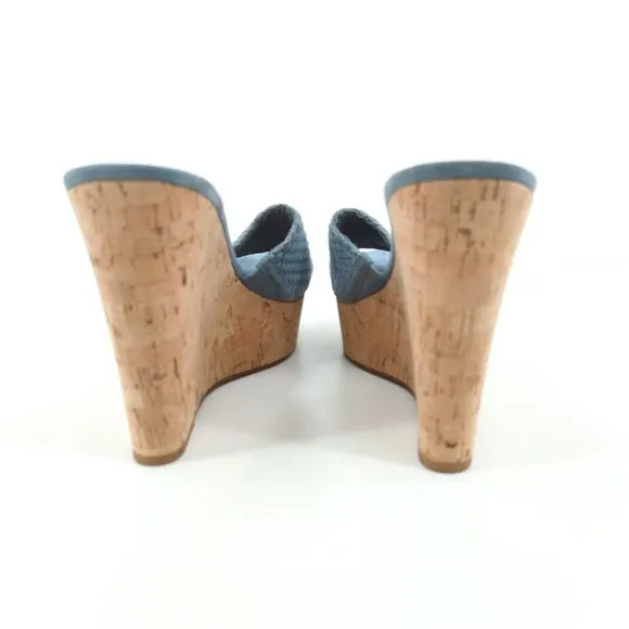 Veronica Beard Women 9.5 Dali Wedge Sandals Jean Blue Woven Platform Cork