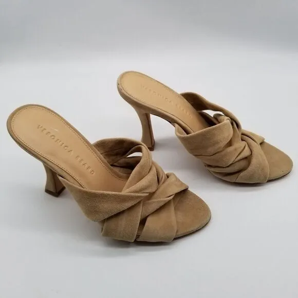 Veronica Beard  Women Alin Crisscross Suede Sandals Heels Size 5 Beige Slide