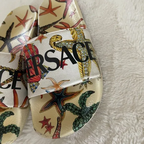 VERSACE Kid's Logo Sea-print Pool Slide Sandals, Size: EU33-34 US(1.5-2.5)