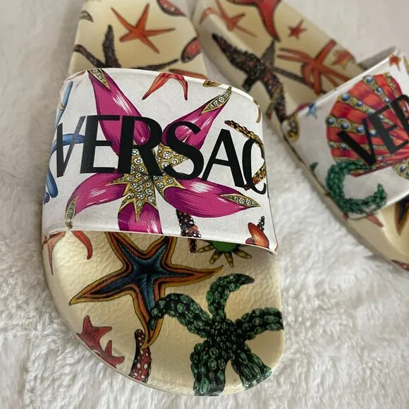VERSACE Kid's Logo Sea-print Pool Slide Sandals, Size: EU33-34 US(1.5-2.5)
