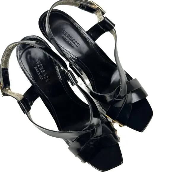 Versace Patent Leather Platform Heels Sandals Black Size 38