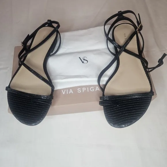 Via Spiga Calandre Black Croc Embossed Leather Sandal 6 NWT