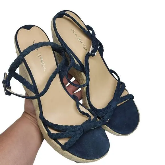 Via Spiga Women's Cobalt Blue Suede Platform Espadrille Wedge Sandals Size 10