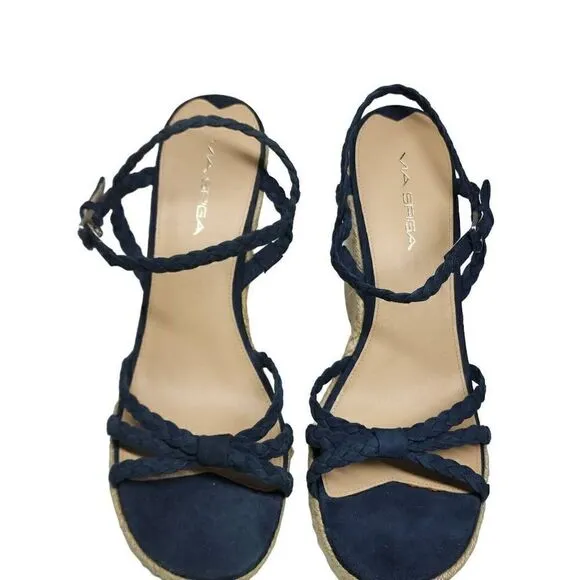 Via Spiga Women's Cobalt Blue Suede Platform Espadrille Wedge Sandals Size 10