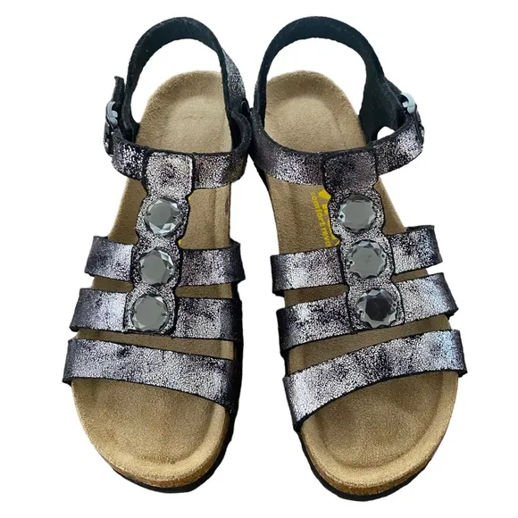Viking NEW “Birkenstock Style” Black &amp; Silver Metallic Leather Strap Sandal 8.5