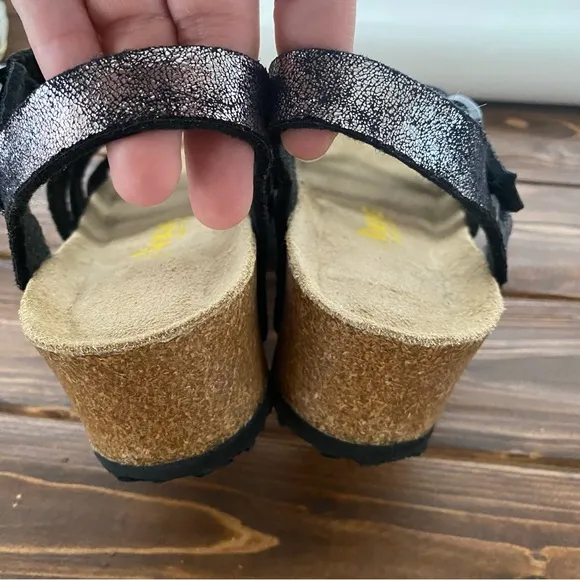 Viking NEW “Birkenstock Style” Black &amp; Silver Metallic Leather Strap Sandal 8.5