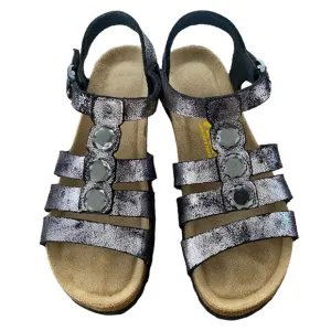 Viking NEW “Birkenstock Style” Black &amp; Silver Metallic Leather Strap Sandal 8.5