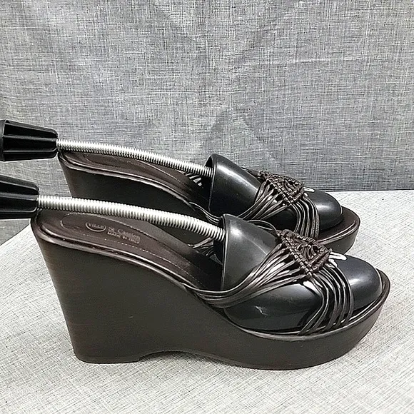 Ville St Cassien Rare VTG Womens brown leather wedge sandals strappy slip-on 38