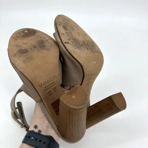 Vince Addie Open Toe Ankle Strap Heel Sandals Taupe Tan Pebbled Leather 7.5