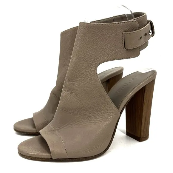 Vince Addie Open Toe Ankle Strap Heel Sandals Taupe Tan Pebbled Leather 7.5
