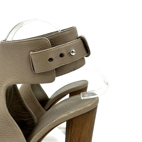 Vince Addie Open Toe Ankle Strap Heel Sandals Taupe Tan Pebbled Leather 7.5