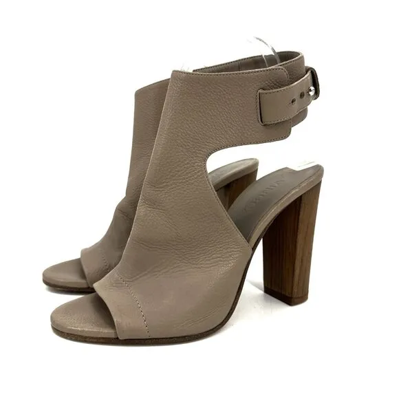 Vince Addie Open Toe Ankle Strap Heel Sandals Taupe Tan Pebbled Leather 7.5