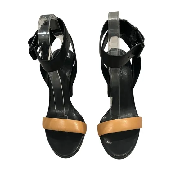 VINCE Alexa Colorblock Leather High Heels Black Tan Ankle Strap, Sz 6