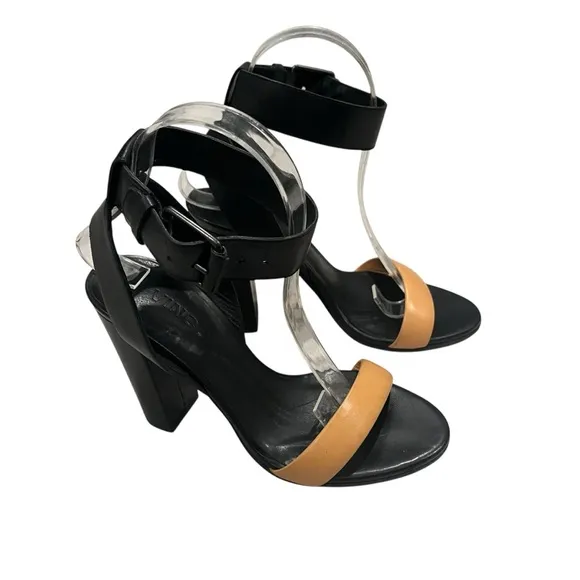 VINCE Alexa Colorblock Leather High Heels Black Tan Ankle Strap, Sz 6