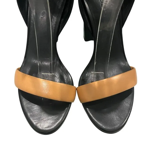 VINCE Alexa Colorblock Leather High Heels Black Tan Ankle Strap, Sz 6