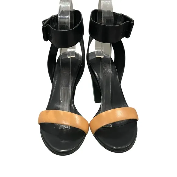 VINCE Alexa Colorblock Leather High Heels Black Tan Ankle Strap, Sz 6