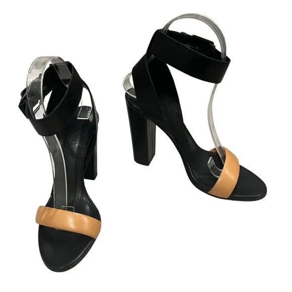 VINCE Alexa Colorblock Leather High Heels Black Tan Ankle Strap, Sz 6