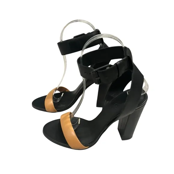 VINCE Alexa Colorblock Leather High Heels Black Tan Ankle Strap, Sz 6