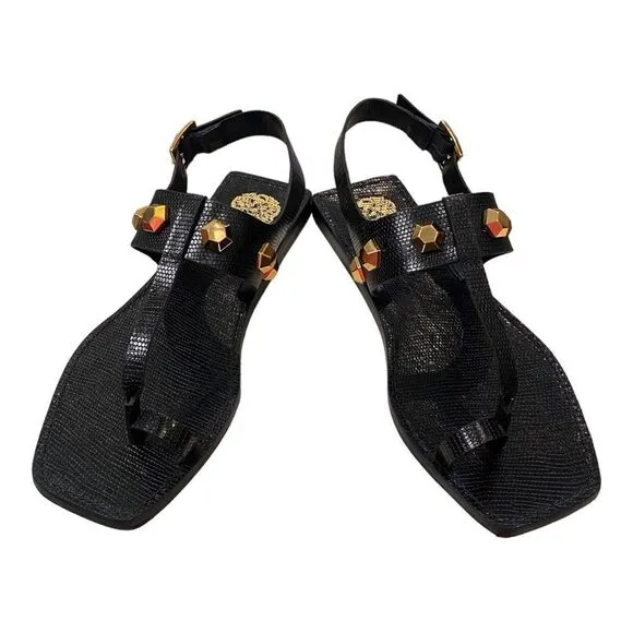 VINCE CAMUTO Dailette Glossy Lizard Emboss Black Women's Sandals NEW 8