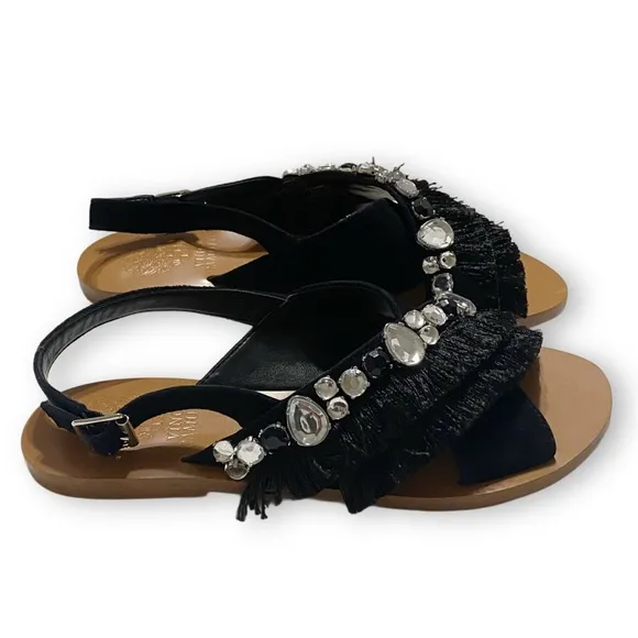 Vince Camuto NWOT Ampella Size 7M Gemstone Fringe Black Leather Suede Sling Back