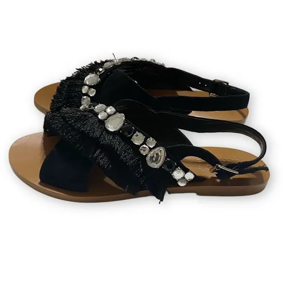 Vince Camuto NWOT Ampella Size 7M Gemstone Fringe Black Leather Suede Sling Back