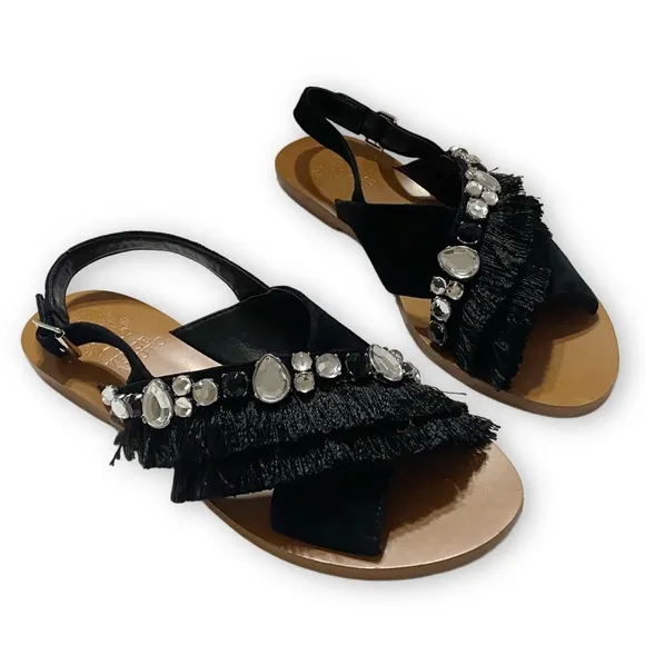 Vince Camuto NWOT Ampella Size 7M Gemstone Fringe Black Leather Suede Sling Back