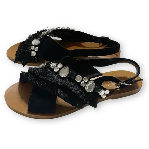 Vince Camuto NWOT Ampella Size 7M Gemstone Fringe Black Leather Suede Sling Back