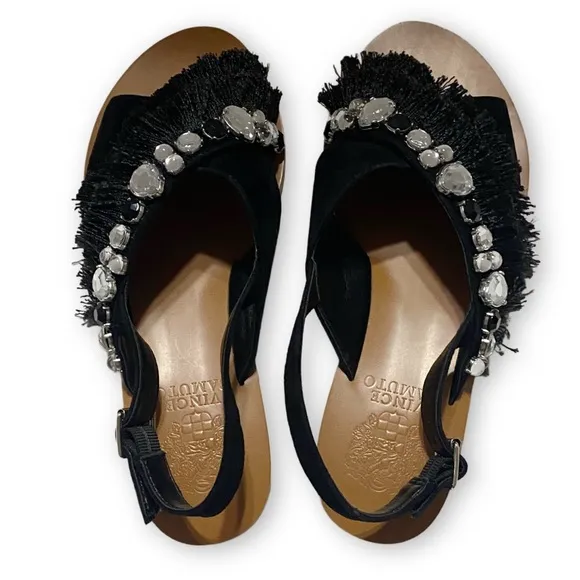 Vince Camuto NWOT Ampella Size 7M Gemstone Fringe Black Leather Suede Sling Back