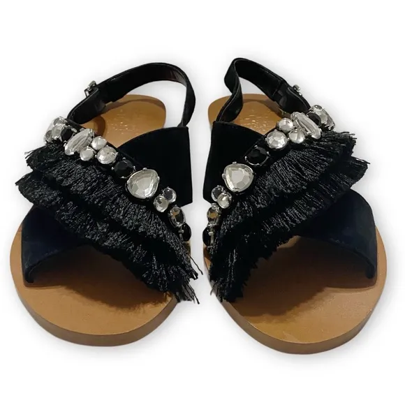 Vince Camuto NWOT Ampella Size 7M Gemstone Fringe Black Leather Suede Sling Back