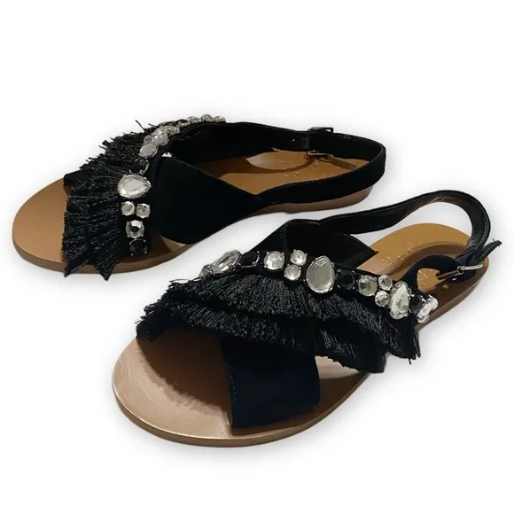 Vince Camuto NWOT Ampella Size 7M Gemstone Fringe Black Leather Suede Sling Back