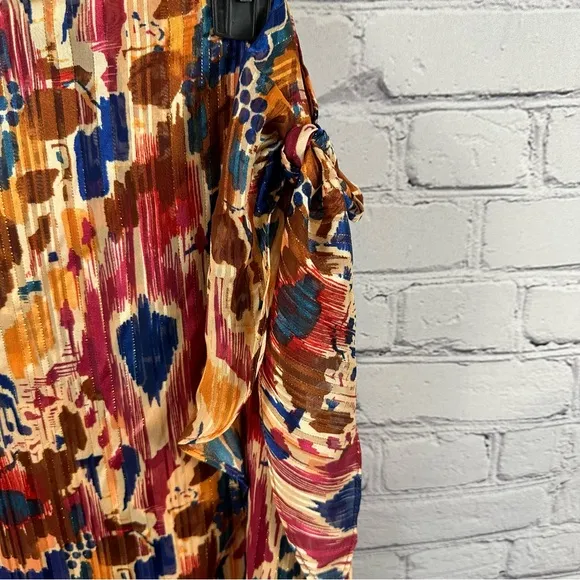 Vince Camuto Printed Midi Skirt Tie Front Wrap Metallic Threads Chili Oil L NWT