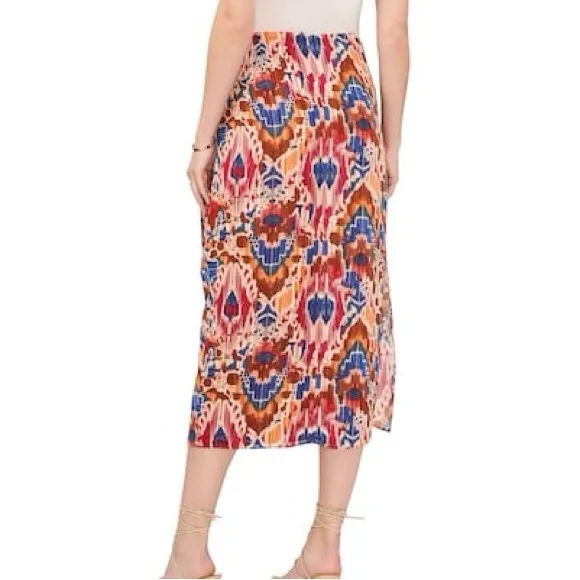 Vince Camuto Printed Midi Skirt Tie Front Wrap Metallic Threads Chili Oil L NWT