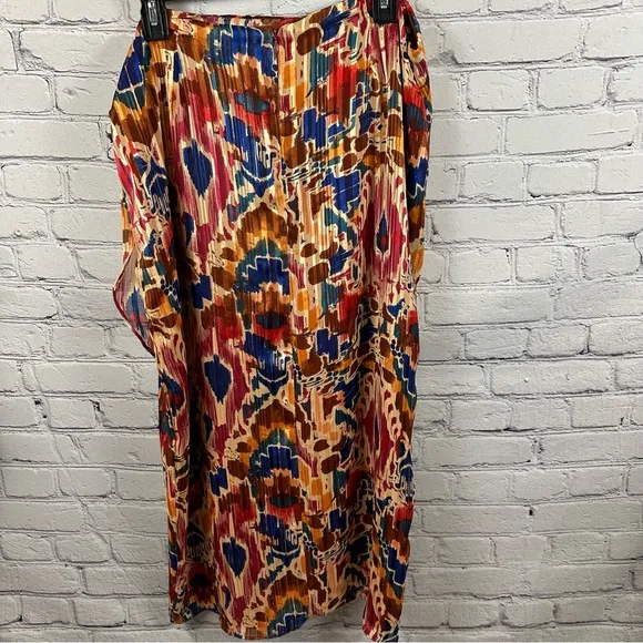 Vince Camuto Printed Midi Skirt Tie Front Wrap Metallic Threads Chili Oil L NWT