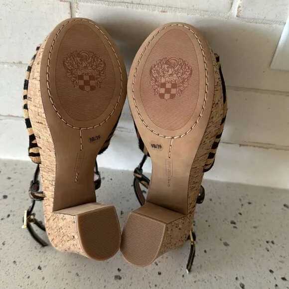 Vince Camuto VC-Deville Tan/Brown Leather Zebra Print Cork Platform Sandals Sz 9