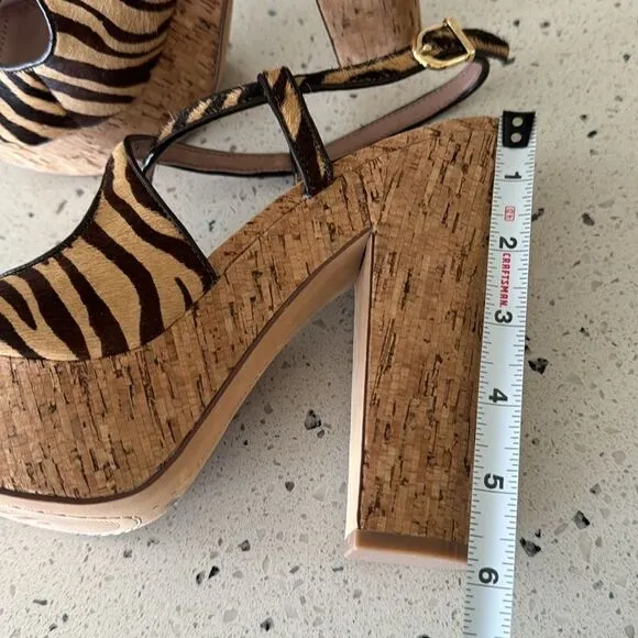 Vince Camuto VC-Deville Tan/Brown Leather Zebra Print Cork Platform Sandals Sz 9