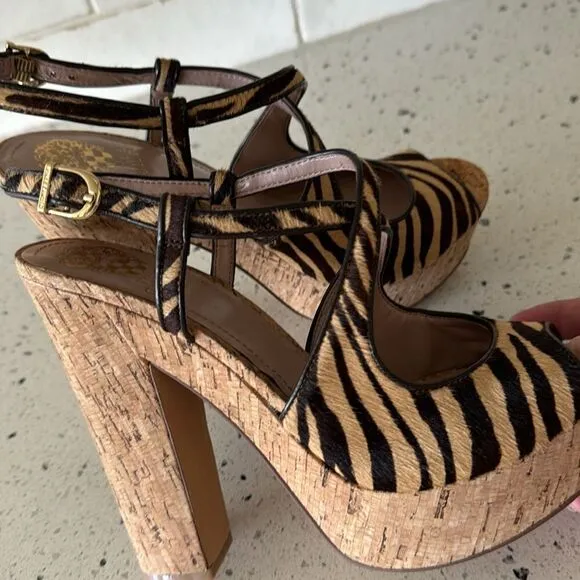 Vince Camuto VC-Deville Tan/Brown Leather Zebra Print Cork Platform Sandals Sz 9
