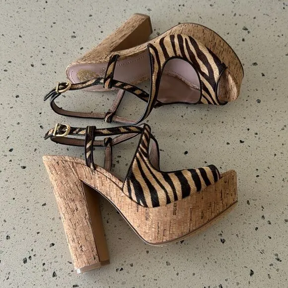 Vince Camuto VC-Deville Tan/Brown Leather Zebra Print Cork Platform Sandals Sz 9
