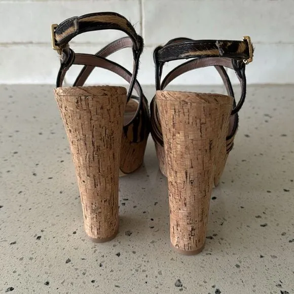 Vince Camuto VC-Deville Tan/Brown Leather Zebra Print Cork Platform Sandals Sz 9