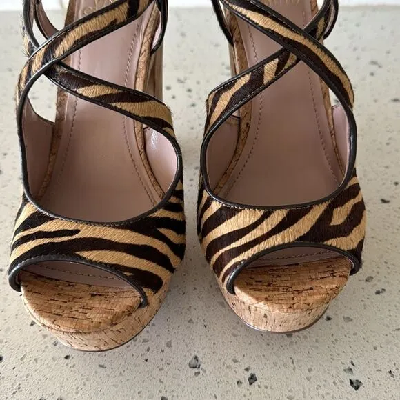 Vince Camuto VC-Deville Tan/Brown Leather Zebra Print Cork Platform Sandals Sz 9