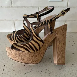 Vince Camuto VC-Deville Tan/Brown Leather Zebra Print Cork Platform Sandals Sz 9