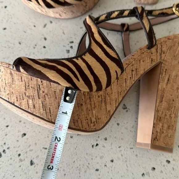 Vince Camuto VC-Deville Tan/Brown Leather Zebra Print Cork Platform Sandals Sz 9