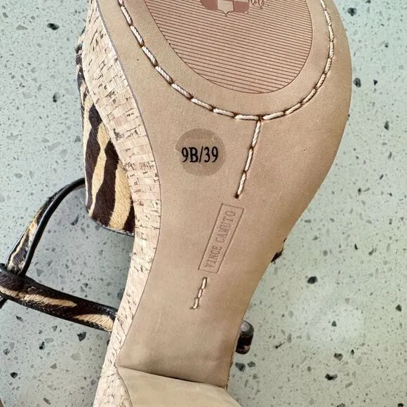 Vince Camuto VC-Deville Tan/Brown Leather Zebra Print Cork Platform Sandals Sz 9