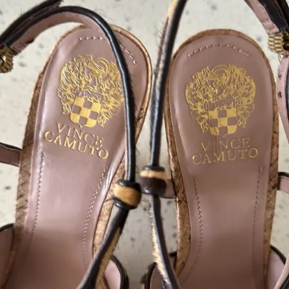 Vince Camuto VC-Deville Tan/Brown Leather Zebra Print Cork Platform Sandals Sz 9