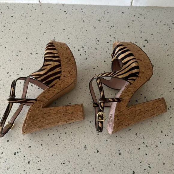 Vince Camuto VC-Deville Tan/Brown Leather Zebra Print Cork Platform Sandals Sz 9
