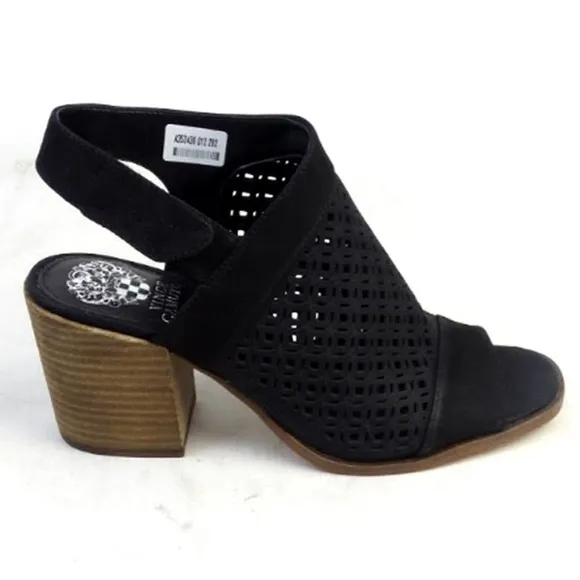 Vince Camuto Women's Black Leather Perforated Heeled Sandals Kanito Size 9.5M