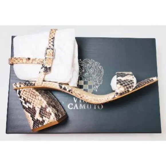 Vince Camuto Womens Black Tan Snakeskin Leather Block Heeled Sandals Sz 8 NIB
