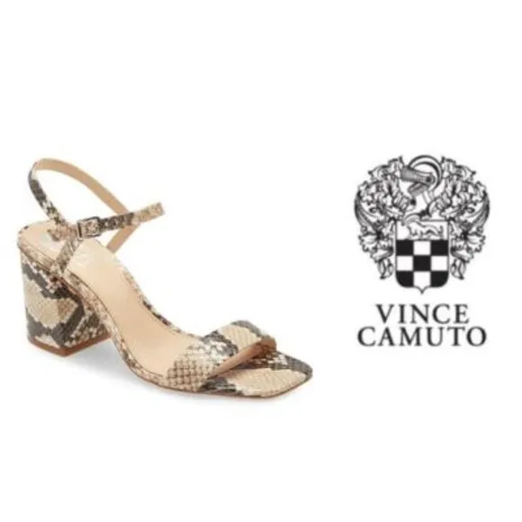 Vince Camuto Womens Black Tan Snakeskin Leather Block Heeled Sandals Sz 8 NIB