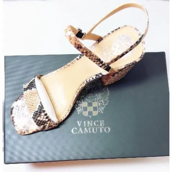 Vince Camuto Womens Black Tan Snakeskin Leather Block Heeled Sandals Sz 8 NIB